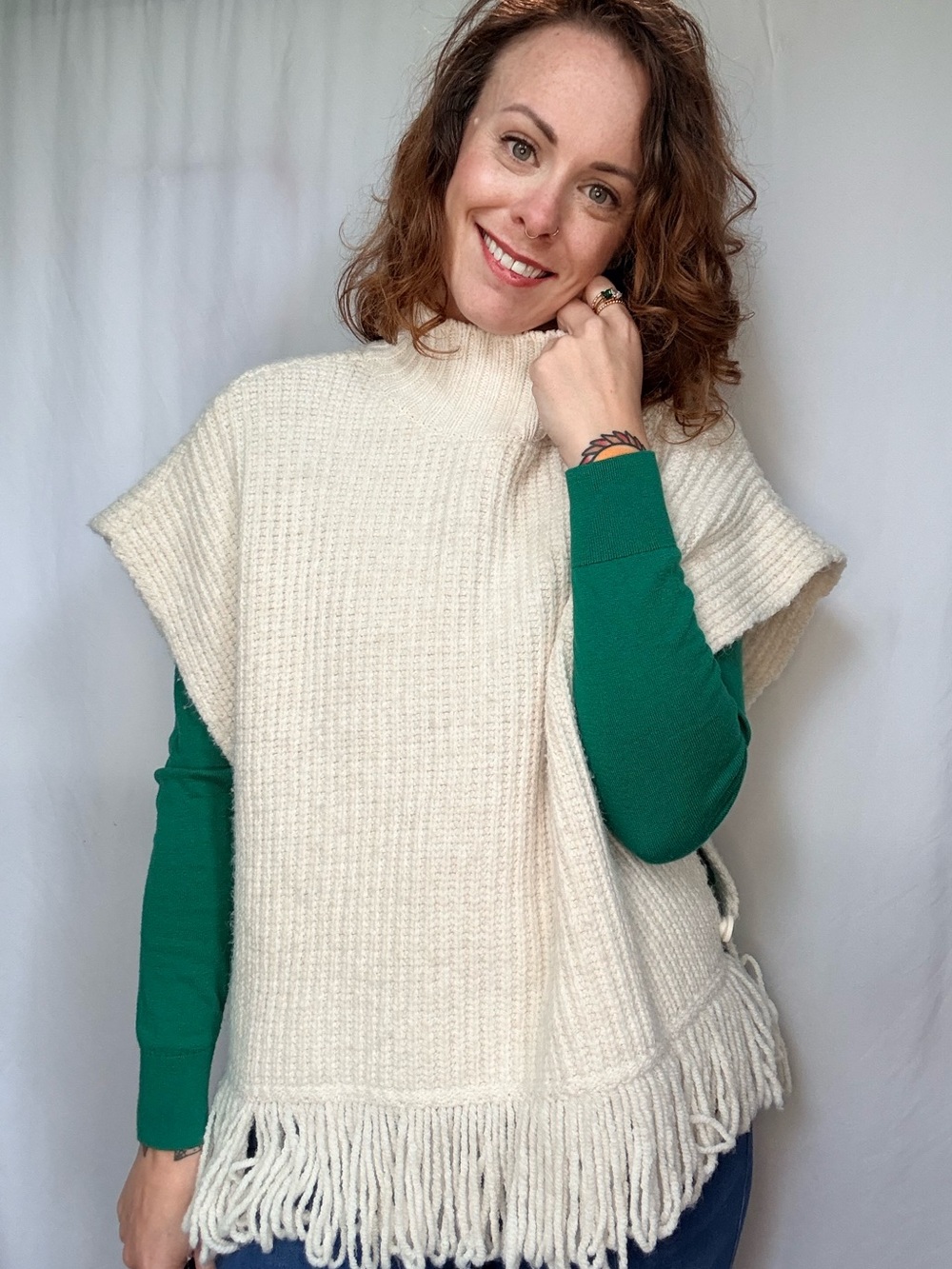 Anthropologie Ivory Ribbed Fringe Poncho